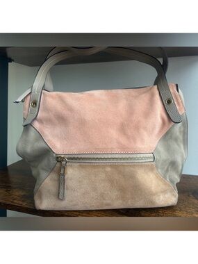 Innue Italian Leather Suede Tote Bag Colorblock Taupe Blush Neutral Large